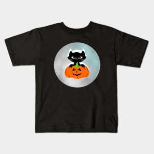 BLACK Cat Halloween With A Full Moon Kids T-Shirt